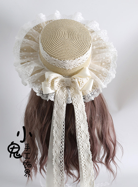 原创回馈森系遮阳帽田园lo娘软妹草帽doll感蕾丝蝴蝶结飘带帽子