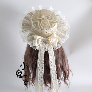 原创回馈森系遮阳帽田园lo娘软妹草帽doll感蕾丝蝴蝶结飘带帽子