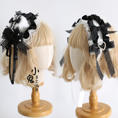 原创黑白色Lolita丝绒蛋糕华丽doll感波奈特bnt礼帽蕾丝发带小物