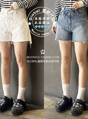 MOUSSY毛边系带薄款牛仔短裤子女