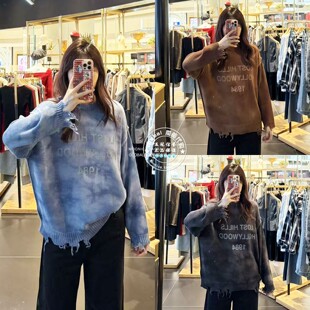 MOUSSY国内代购 25秋冬 复古圆领字母针织衫上衣女 028IAZ70-2871