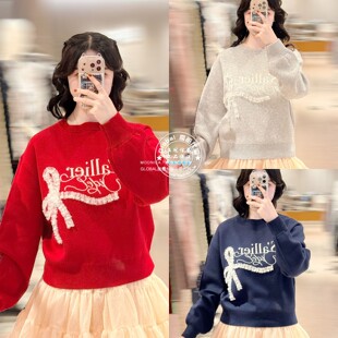 SNIDEL 国内代购 26春 圆领字母薄纱蝴蝶结缎带针织衫 SWNT261064