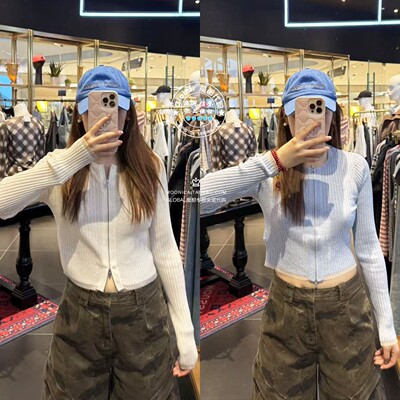 MOUSSY日系圆领拉链针织开衫女