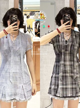 SLY国内代购 26夏 日系系带领短袖中短款连衣裙子 030JSZ33-4861
