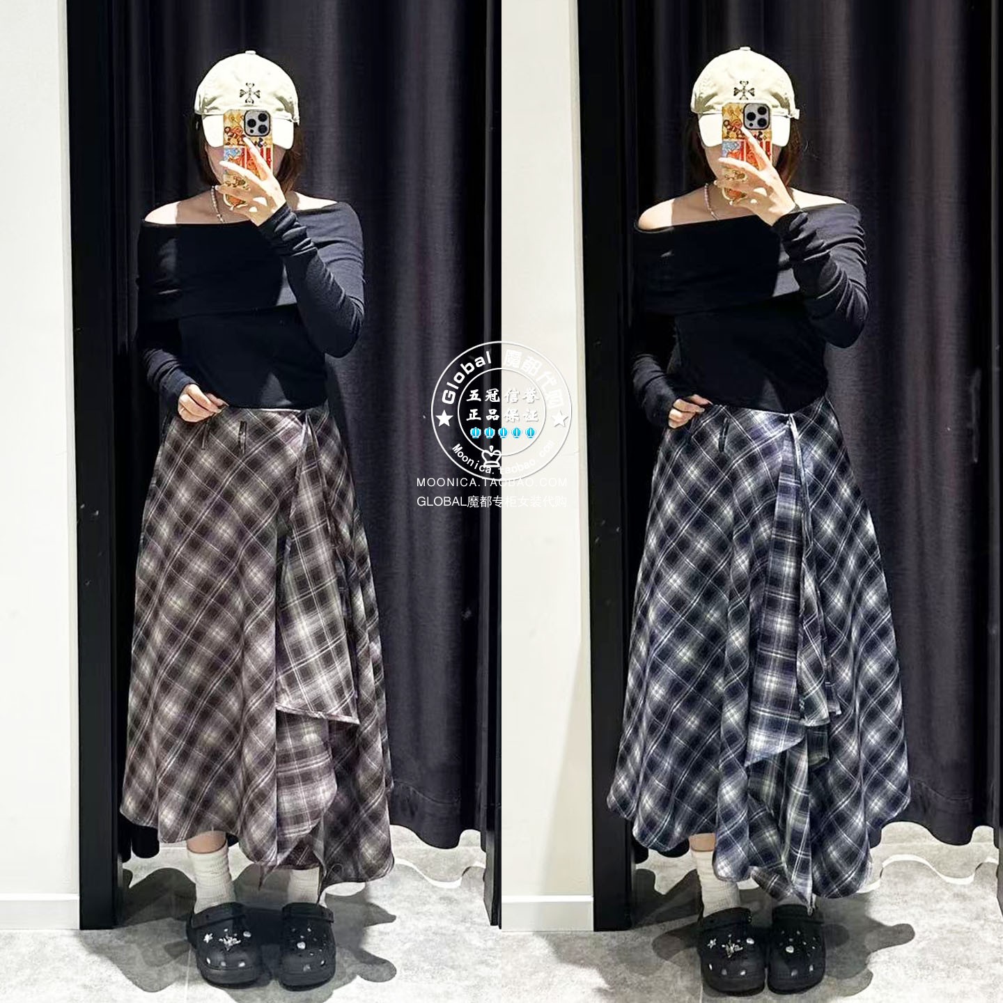 MOUSSY日系格纹不规则长款半身裙