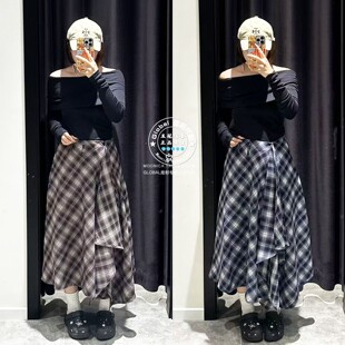 特价 MOUSSY代购 25秋冬 日系格纹不规则长款半身裙028IAA31-1027