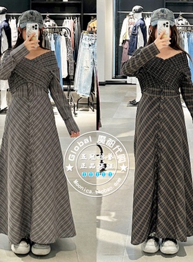 MOUSSY国内代购 24秋冬 日系格纹长款V领连衣裙子 028HAH30-1761