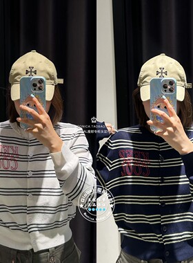 MOUSSY国内代购 25秋 字母长袖圆领条纹针织开衫女 028IAA70-1035