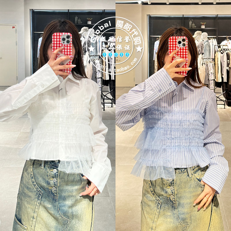 SLY25春夏荷叶边拼接长袖衬衫女