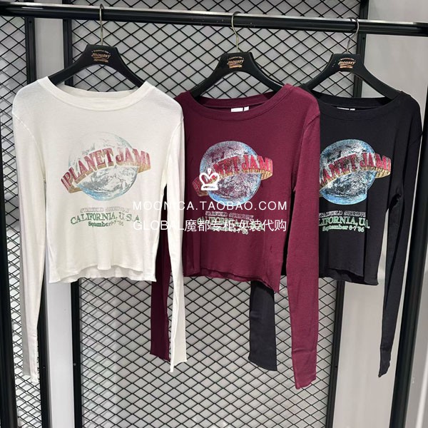 MOUSSY26秋做旧印花短款长袖T恤