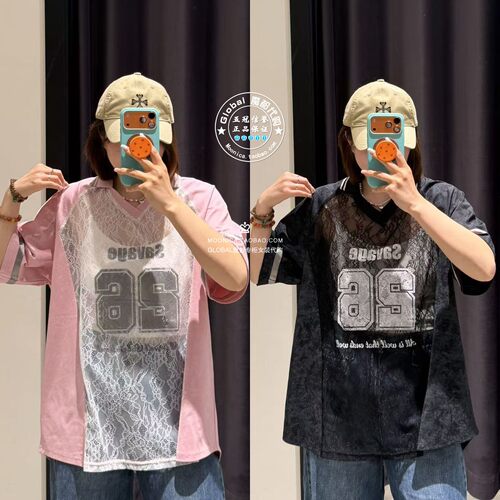 MOUSSY26夏蕾丝拼接短袖T恤衫女