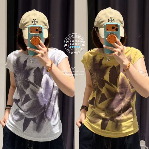 SLY日系花朵印花短袖T恤衫上衣女