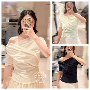 上衣 SNIDEL 纯色褶皱斜领短袖 26春 SWCT261216 国内代购