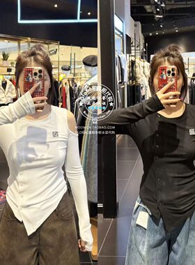 MOUSSY26春不规则露肩长袖T恤衫