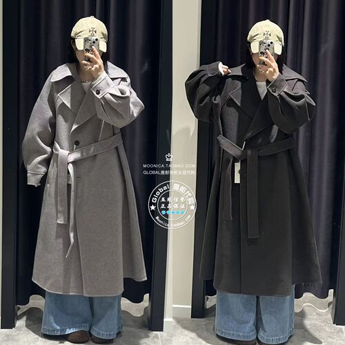 MOUSSY宽松长款翻领羊毛呢大衣