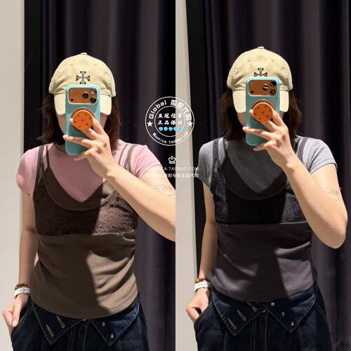 SLY日系拼色假两件短袖T恤衫女