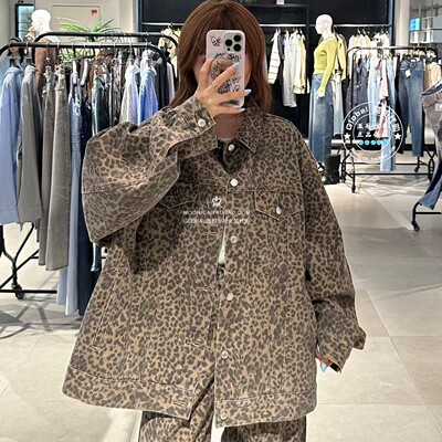 SLY翻领豹纹纽扣宽松牛仔外套
