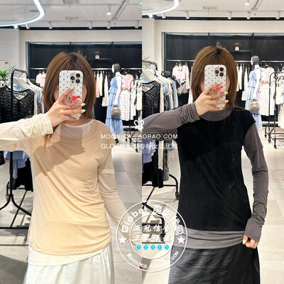 moussy圆领轻薄拼色长袖T恤衫女