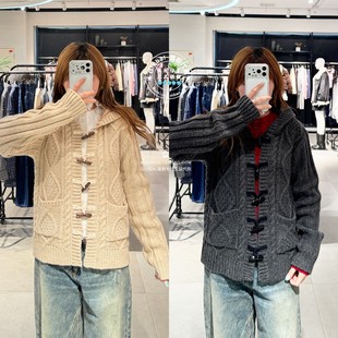 特价 SLY代购 25冬羊毛混纺连帽牛角扣针织开衫毛衣030IA470-4271