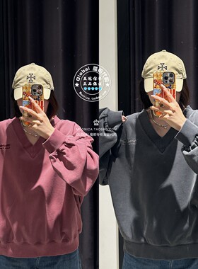 MOUSSY国内代购 26春 复古破洞V领宽松卫衣上衣女 010JS290-0481