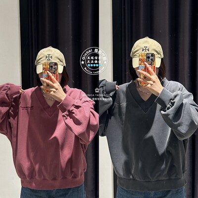 MOUSSY26春复古破洞V领卫衣女