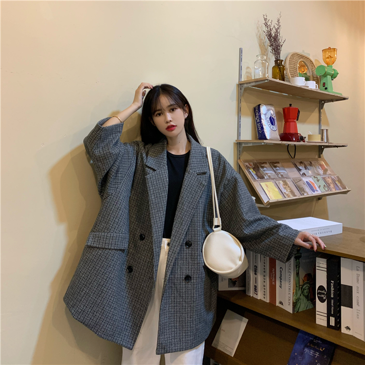 Real shot real price ~ Korean British style retro style Lapel casual Plaid long sleeve suit cover