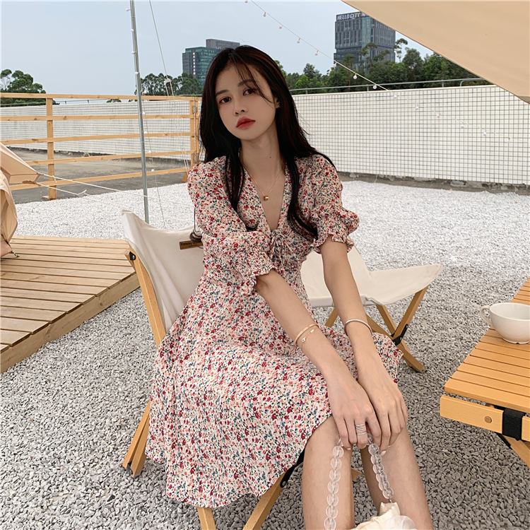 Real price ~ summer new V-neck slim Floral Chiffon Dress