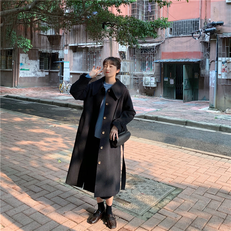 Real shot real price ~ Korean version of versatile fashion single breasted lace up long thick woolen coat
