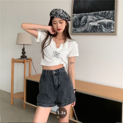 Real shot real price Korean version versatile lace collar slim short sleeve T-shirt