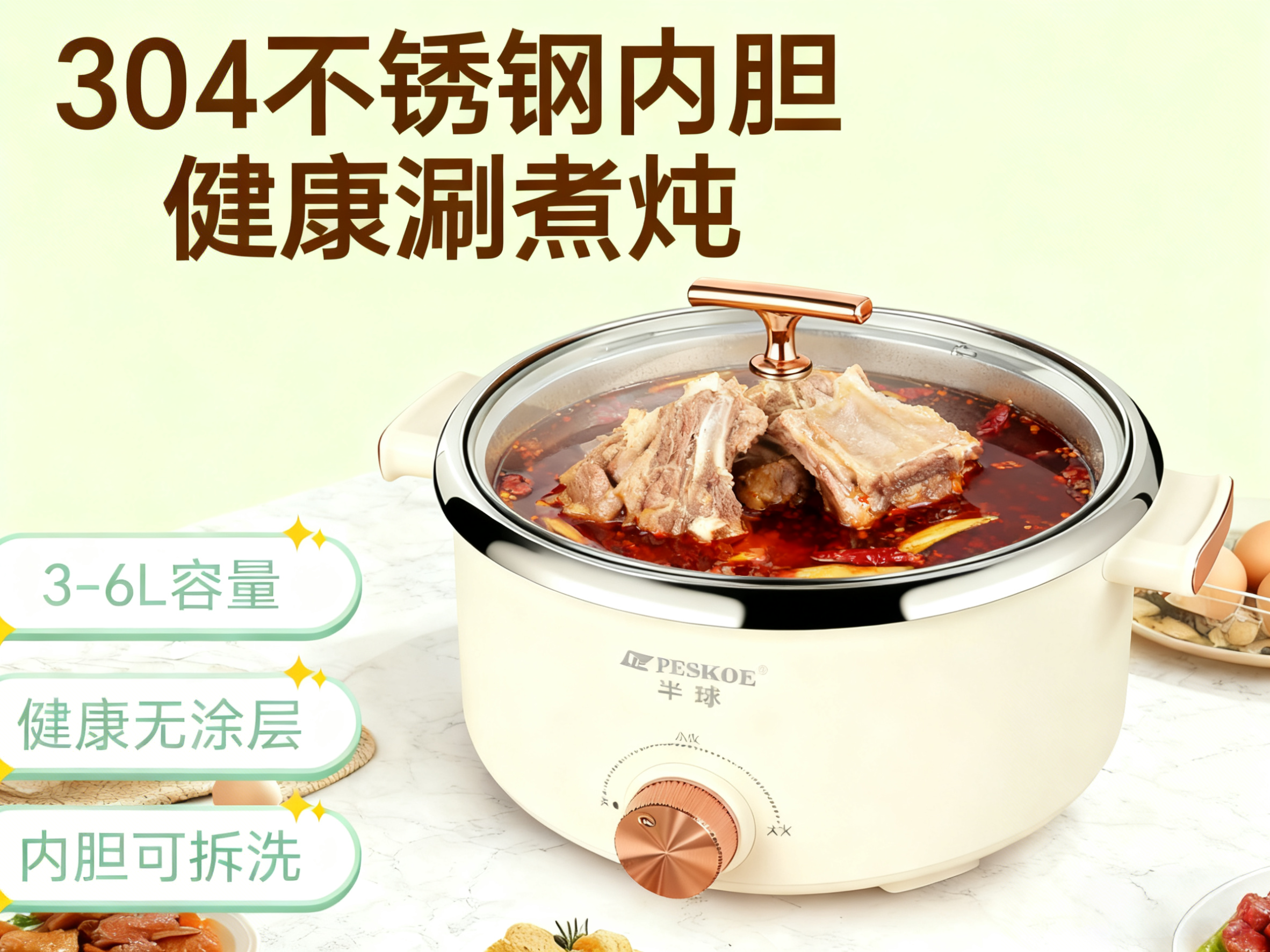 半球分体式电火锅304不锈钢家用商用多功能电煮锅电热锅可拆洗6L