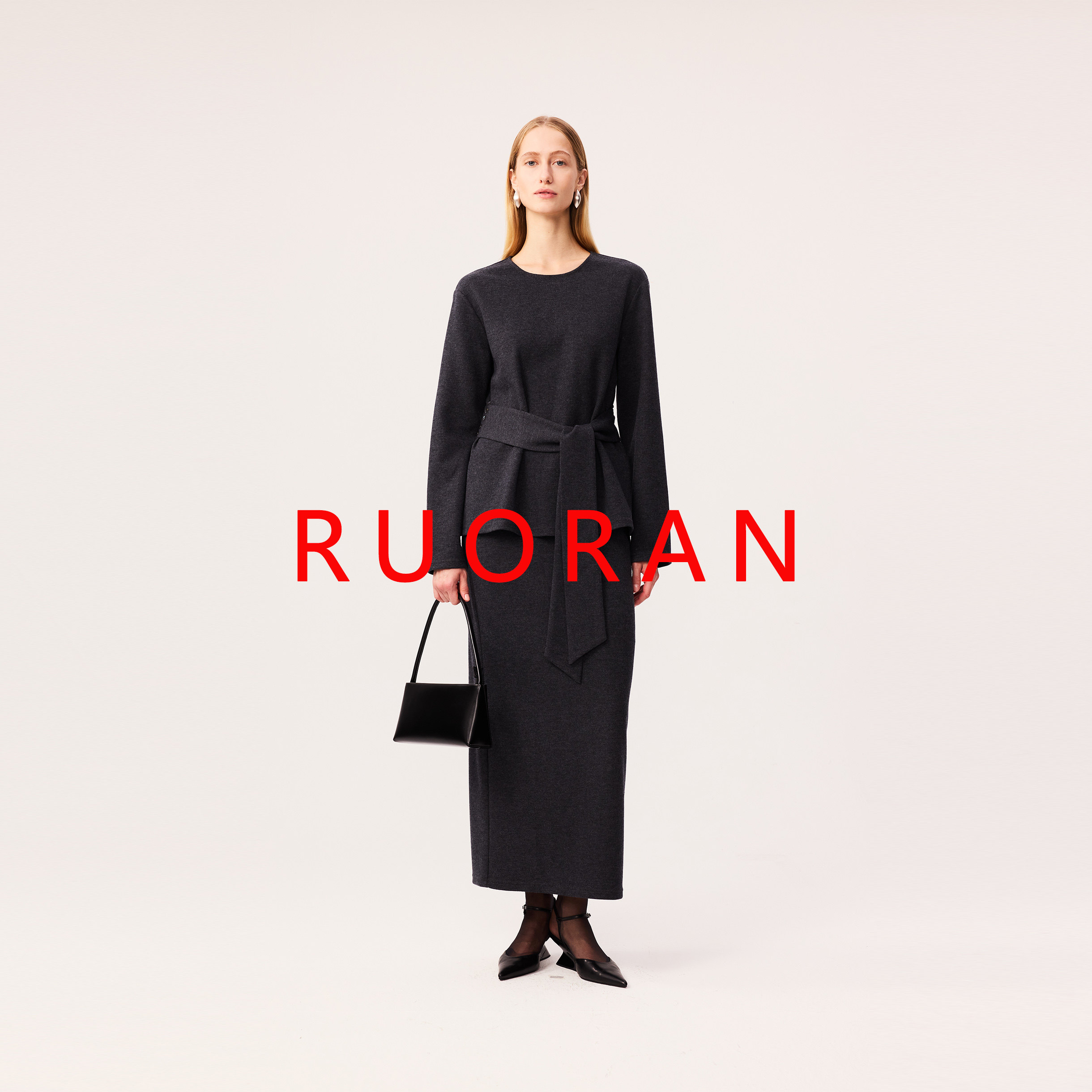 RUORAN 秋冬新款灰色简约圆领可调节腰带毛呢针织长袖T恤上衣半裙