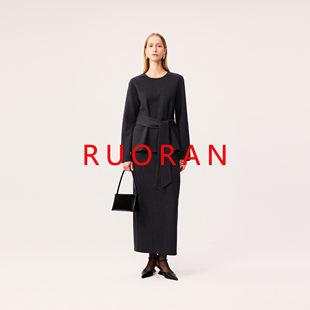 RUORAN 秋冬新款灰色简约圆领可调节腰带毛呢针织长袖T恤上衣半裙