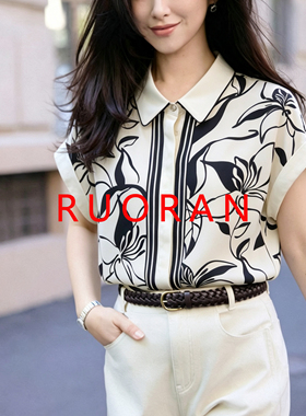 【墨叶简描】RUORAN春夏新款黑色花艺印花连肩短袖高级感衬衫