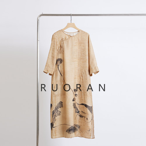 RUORAN东方意境新中式国风桑蚕丝旗袍改良印花七分袖真丝连衣裙