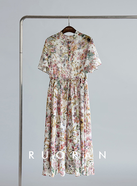 RUORAN D*ior春夏新款花园印花纯棉清凉透气度假风连衣裙