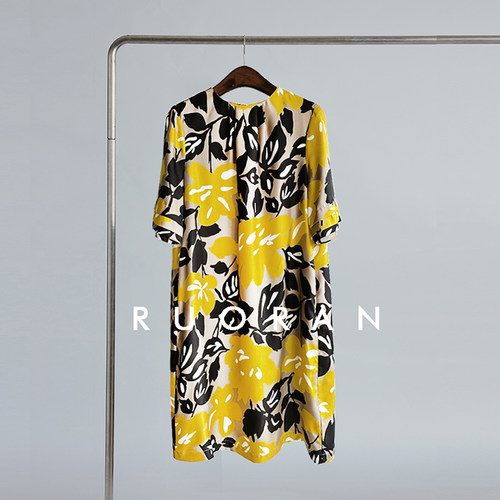 RUORAN Etro风印花桑蚕丝真丝显气质高端精致短款连衣裙女夏季