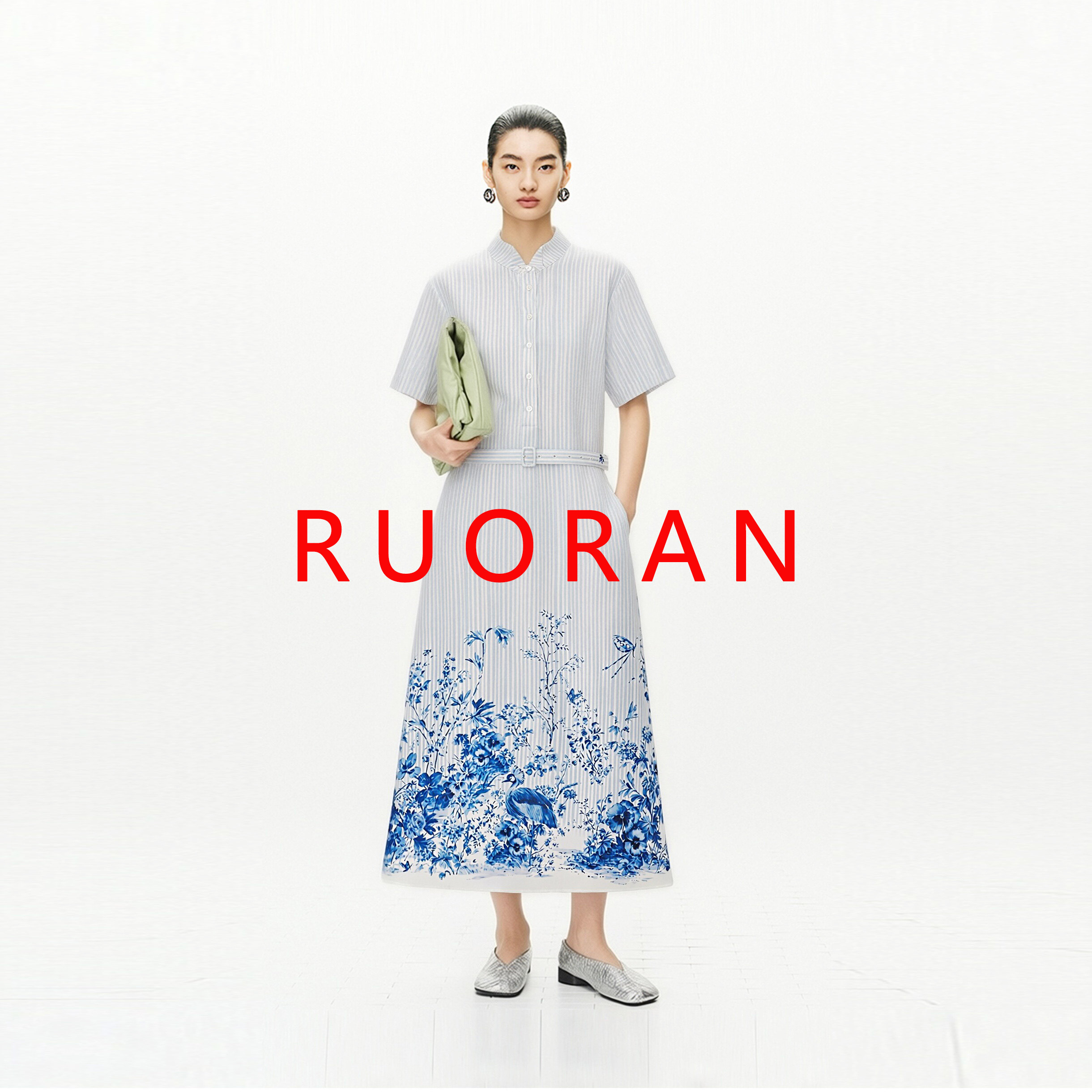 【云青花渡】RUORAN春夏新款天蓝色条纹青花印花桑蚕丝衬衫连衣裙