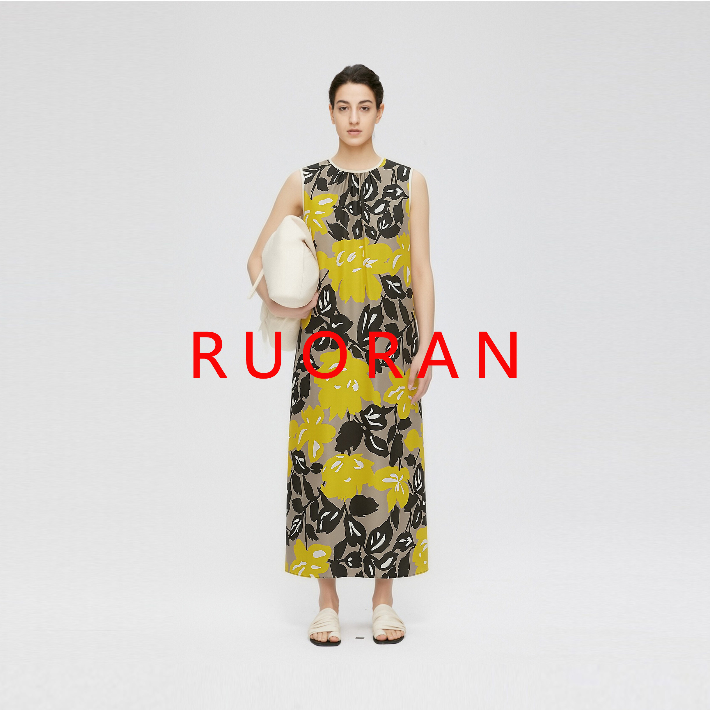 【明黄花影】RUORAN Etro风春夏新款明黄色印花无袖桑蚕丝连衣裙