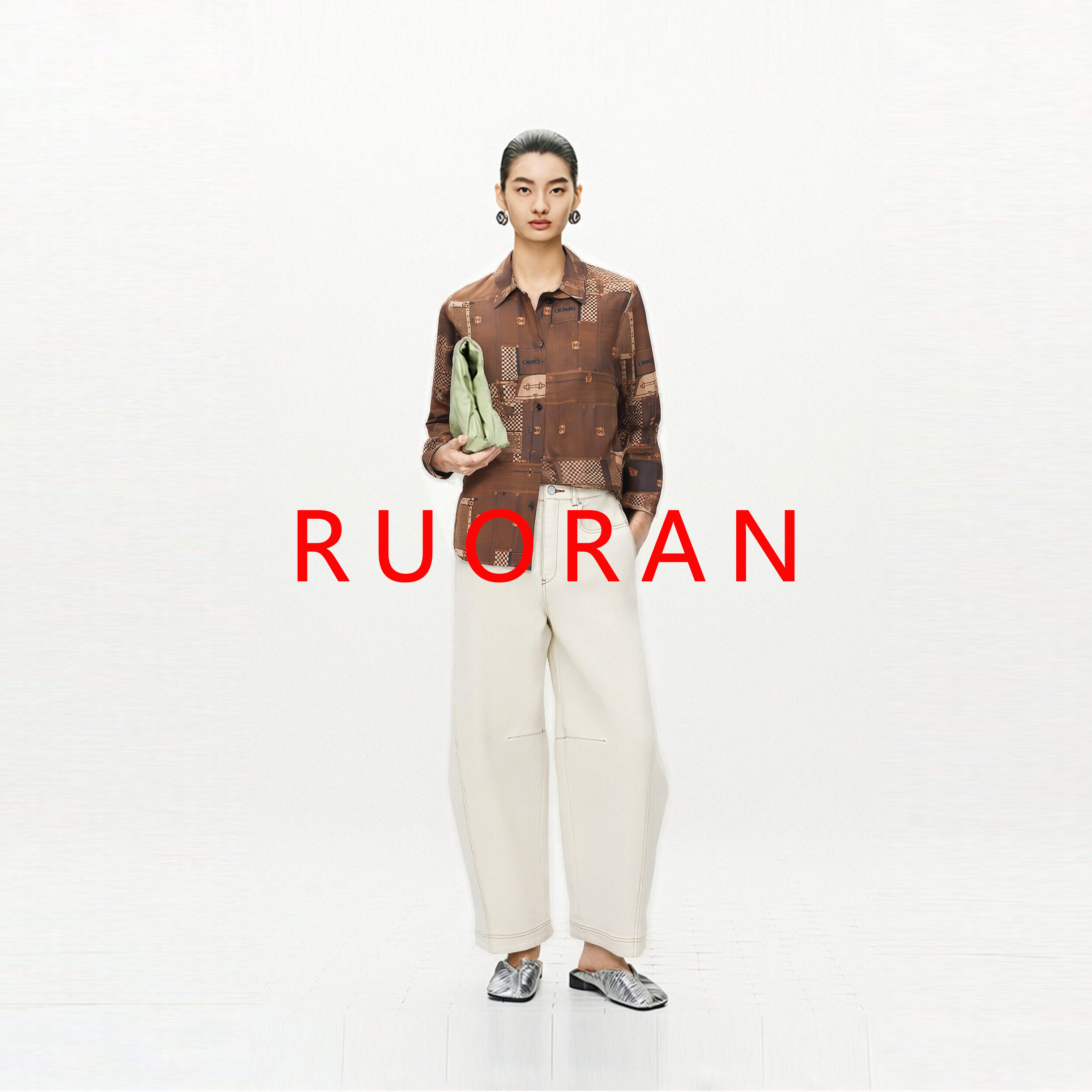 RUORAN 春夏新款咖啡棕老钱风高级感皮革印花桑蚕丝衬衫