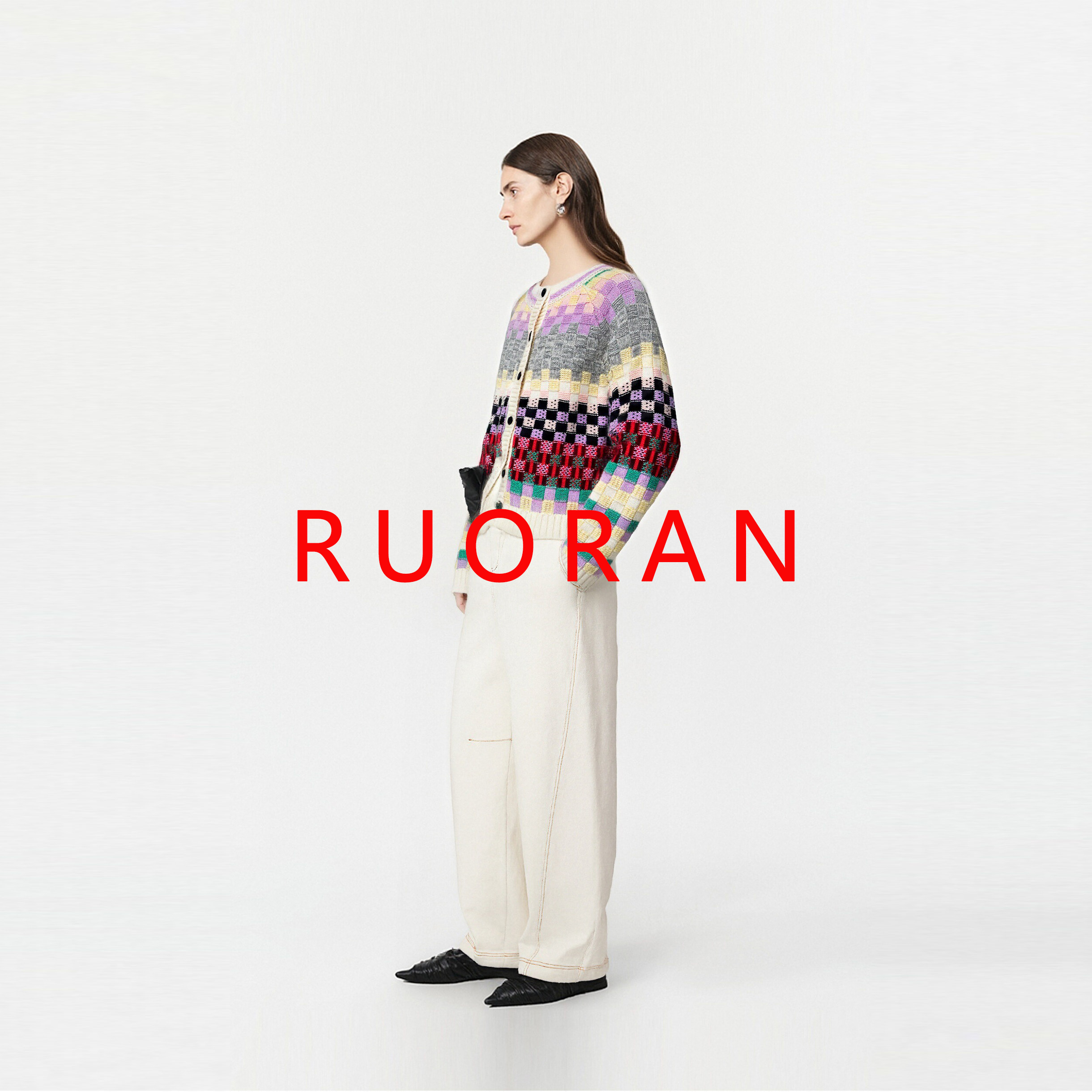 RUORAN 秋冬新款羊绒混纺棋盘格纹彩色温柔时髦百搭毛衫针织外套