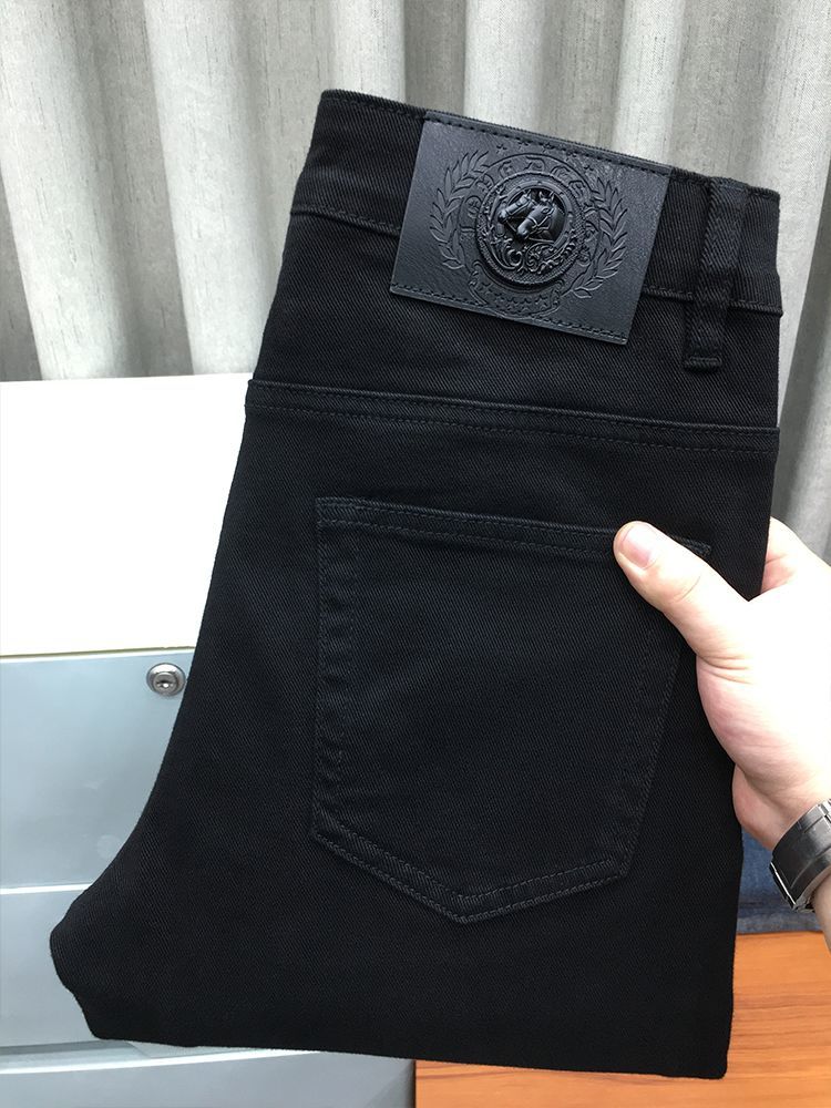 高端秋季黑色牛仔长裤男欧美潮牌弹力修身小脚休闲九分裤宽松直