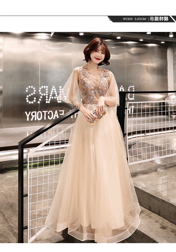 宴会主持人梦幻长款香槟色晚礼服金色仙气连衣裙伴娘团闺蜜出租赁