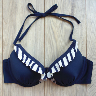 欧洲原单藏蓝荷叶边超聚拢上薄下厚钢托小胸比基尼上衣比坚尼top