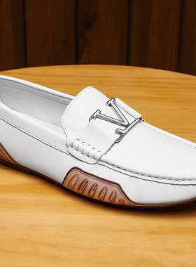 白色豆豆鞋男真皮软底韩版潮流百搭休闲皮鞋透气一脚蹬懒人开车鞋