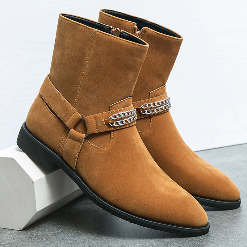 反绒皮尖头切尔西靴男真皮复古英伦风潮翻毛皮高级感沙漠靴马丁靴