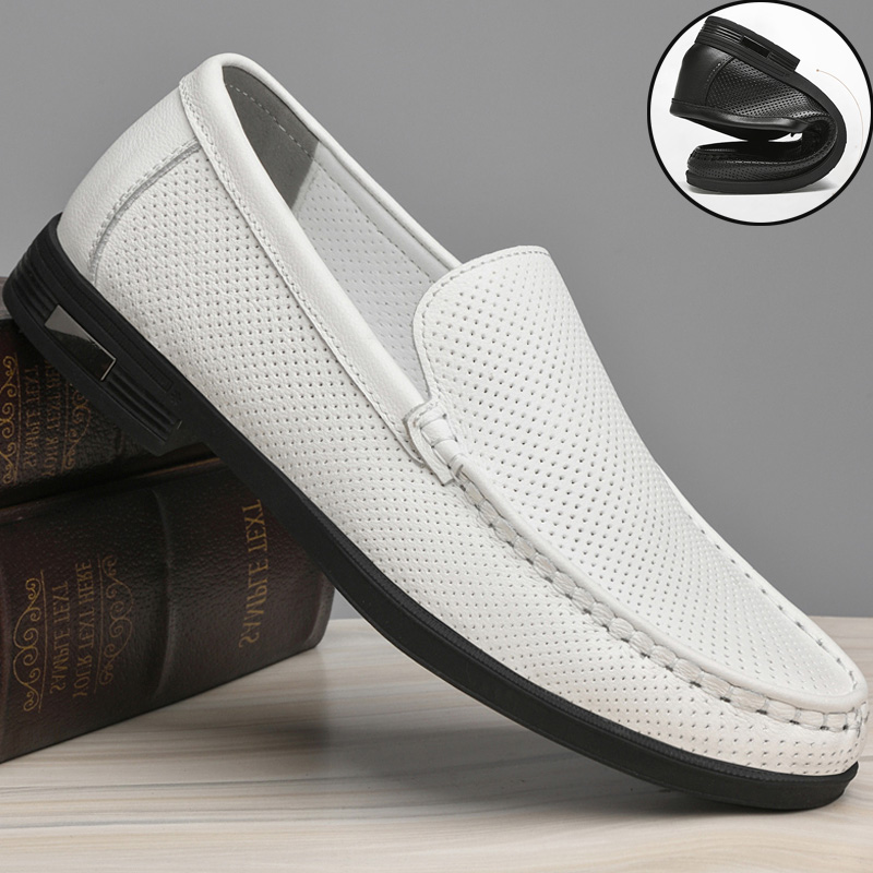 头层牛皮休闲皮鞋男夏季透气镂空一脚蹬白色豆豆鞋2024新款乐福鞋