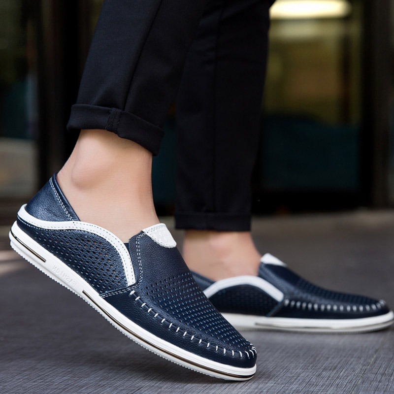 套脚镂空洞洞休闲透气蓝色皮鞋男