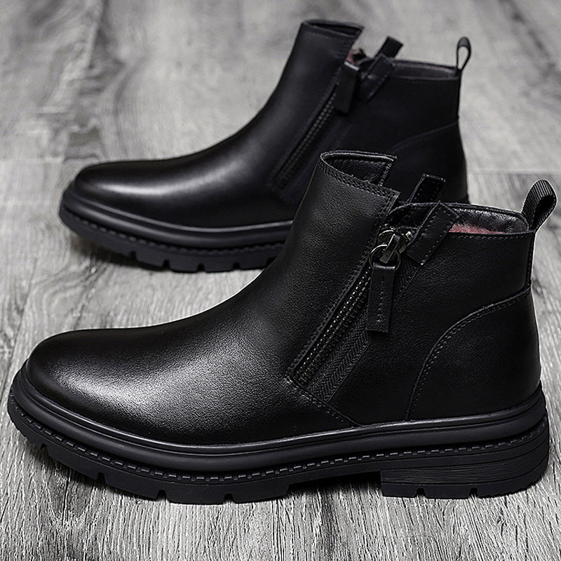TOP LEATHER MENS BOOTS CHELSEA WINTER WOOL FLEECE HIGH TOP BRITISH MENS COTTON SHOES SIDE ZIPPER MARTIN BOOTS