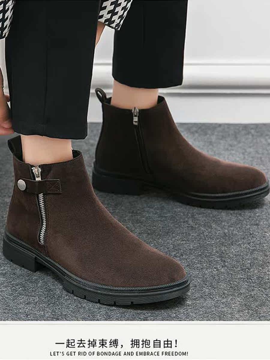 LEATHER CHELSEA BOOTSMENS SIDE ZIPPER POINTED TOE SUEDE BRITISH TREND VINTAGE BOOTIES HIGH-TOP CASUAL LEATHER SHOES