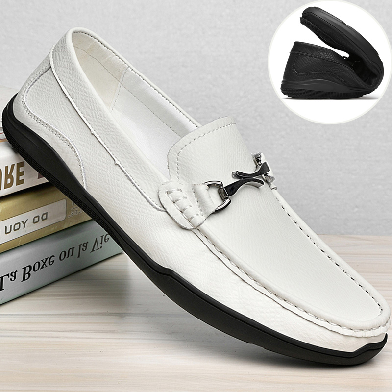 头层牛皮豆豆鞋男真皮2025年新款男鞋百搭男士休闲皮鞋白色一脚蹬
